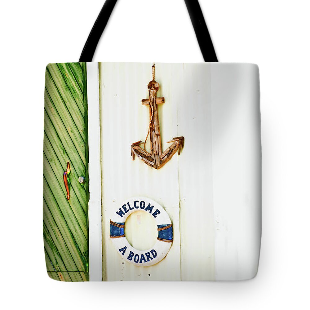 Welcome Aboard Tote Bag featuring the photograph Door and Welcome Aboard by Gina O'Brien