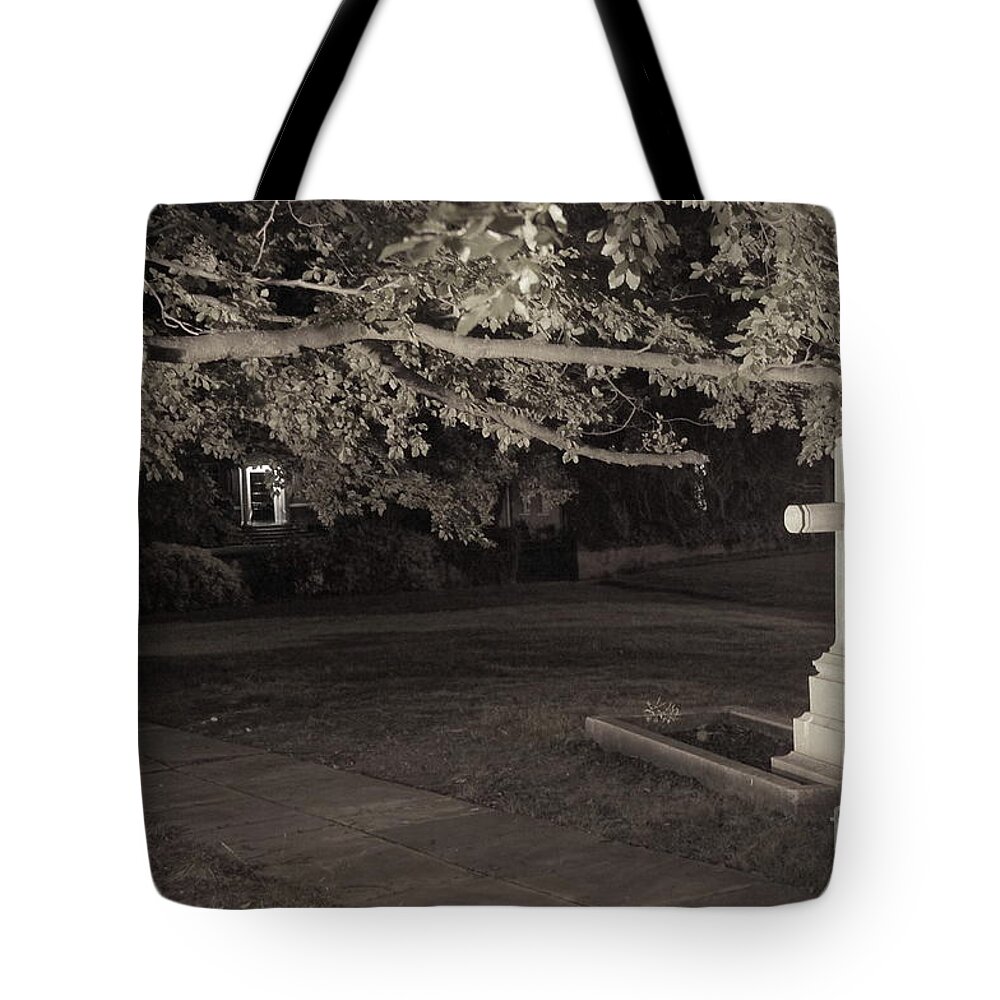 Night In Black And White Tote Bag featuring the photograph Door behind. by Elena Perelman