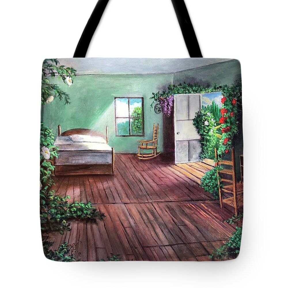 Oz Tote Bag featuring the painting Dorothy's House After the Passage of Time by Rand Burns