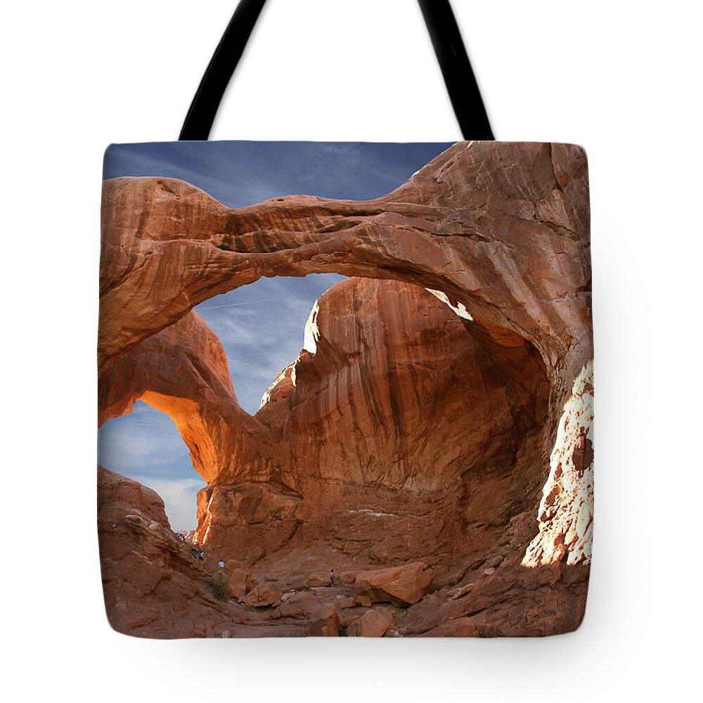 Desert Tote Bag featuring the photograph Double Arch in Late Afternoon by Mike McGlothlen