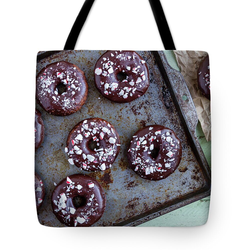 Christmas Breakfast Tote Bag featuring the photograph Double Chocolate Peppermint Iced Donuts by Teri Virbickis