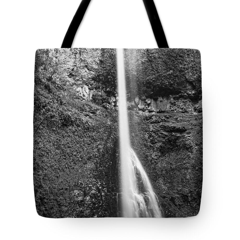 Double Falls Tote Bag featuring the photograph Double Falls in Black and White by John McGraw
