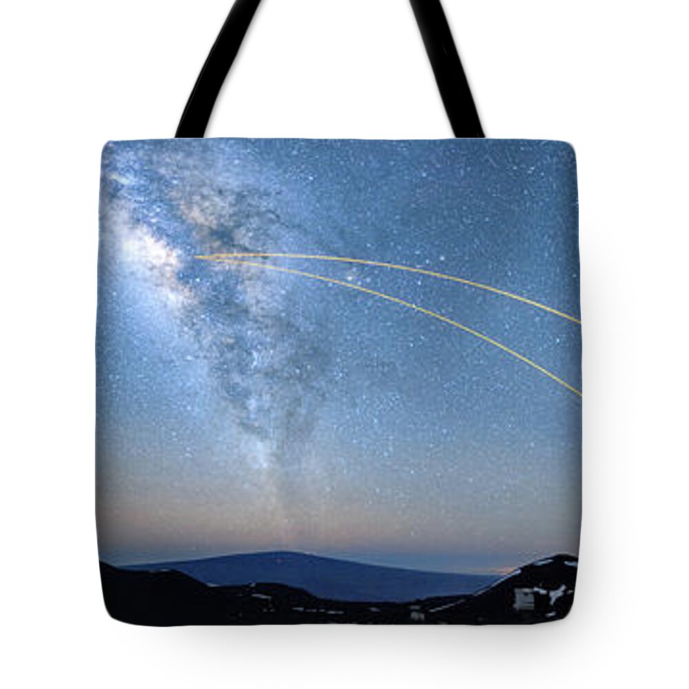 Hawaii Tote Bag featuring the photograph Double Lasers with the Milky Way Panorama by Jason Chu