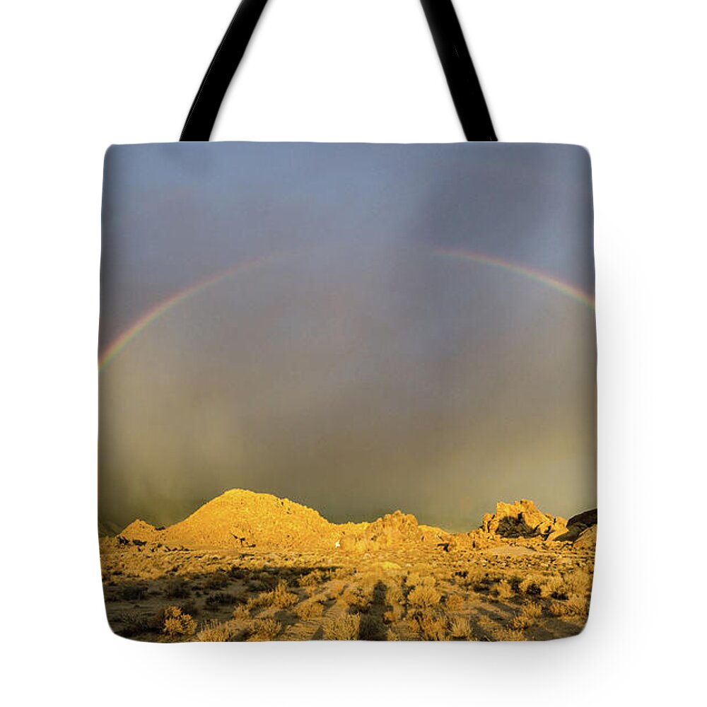 Landscape Tote Bag featuring the photograph Double rainbow gold by Gaelyn Olmsted