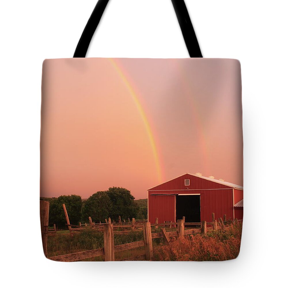 Rainbow Tote Bag featuring the photograph Double Rainbow over Red Barn by John Burk