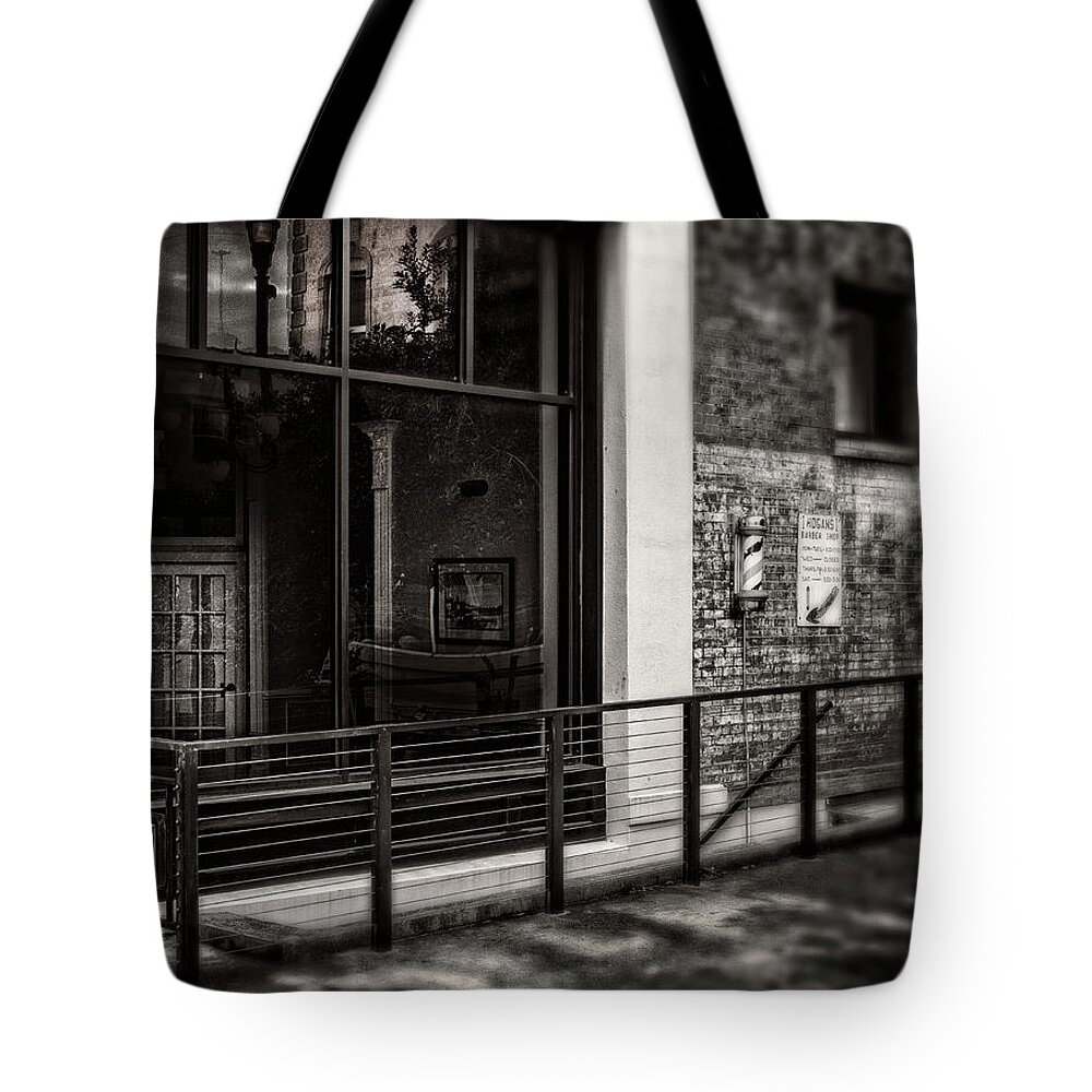Barber Shop Tote Bag featuring the photograph Down To The Barber Shop In Black and White by Greg and Chrystal Mimbs