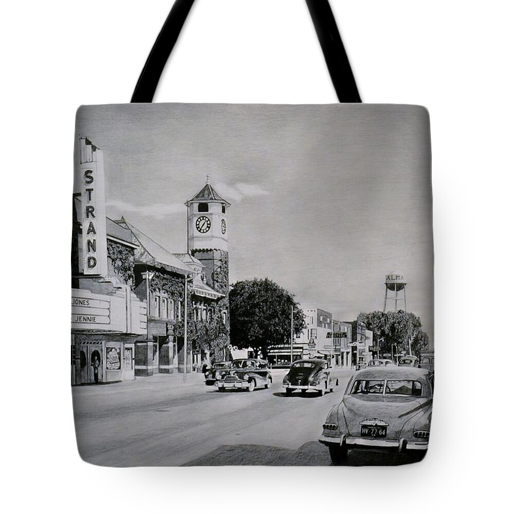 Alma Tote Bag featuring the drawing Downtown Alma, Michigan, circa 1949 by Chris Brown