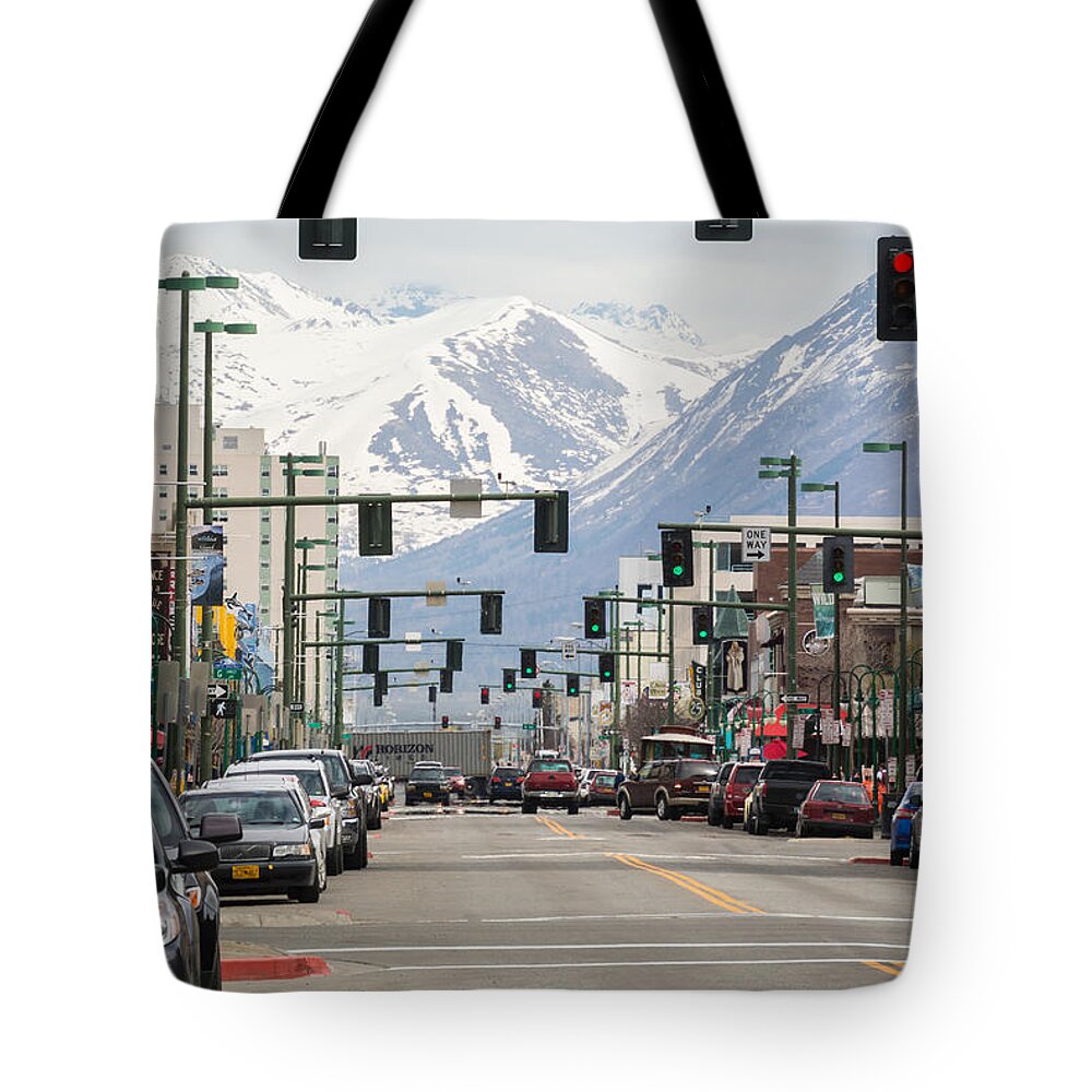 Landscape Tote Bag featuring the photograph Downtown Anchorage by Charles McCleanon