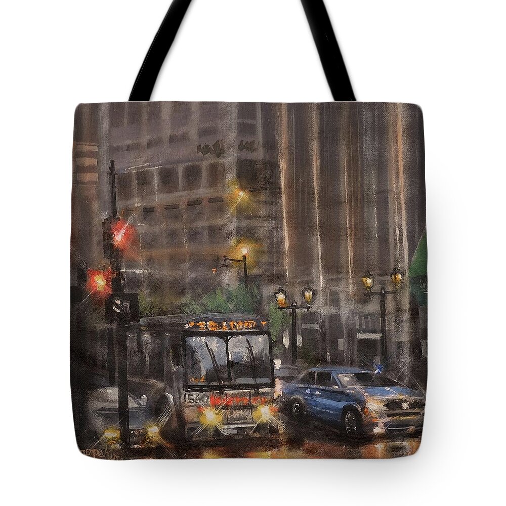 Milwaukee Tote Bag featuring the painting Downtown Bus by Tom Shropshire