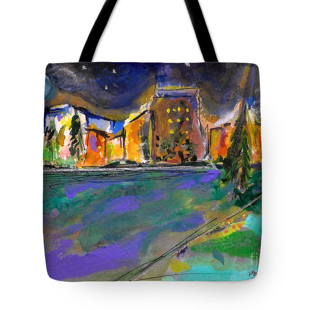 Downtown Tote Bag featuring the painting Downtown from Across the River by Zsanan Studio