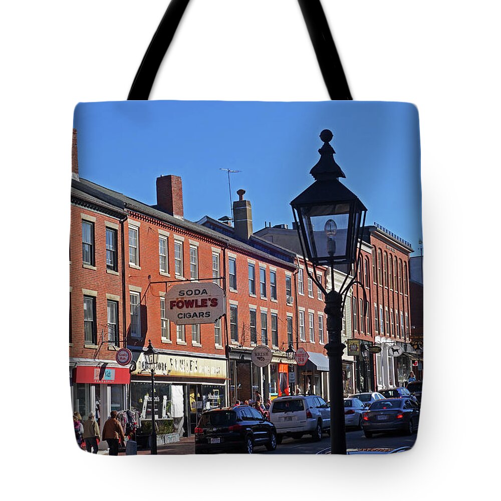 Newburyport Tote Bag featuring the photograph Downtown Newburyport Market Street Soda Fowle's cigar sign by Toby McGuire