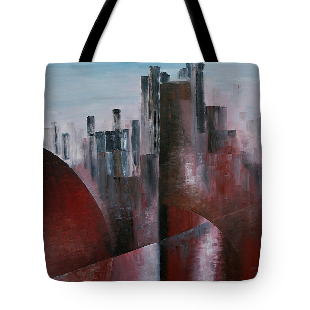 Downtown Tote Bag featuring the painting Downtown by Obi-Tabot Tabe
