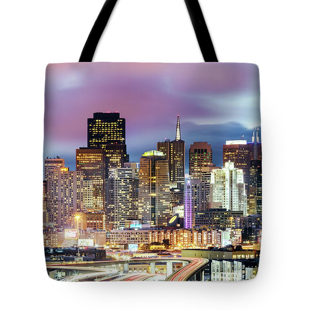 San Francisco Tote Bag featuring the photograph Downtown skyline at dusk, San Francisco, California, USA by Matteo Colombo