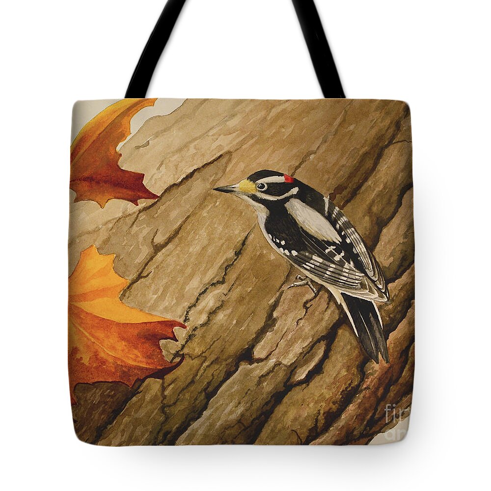 Bird Tote Bag featuring the painting Downy Woodpecker by Charles Owens