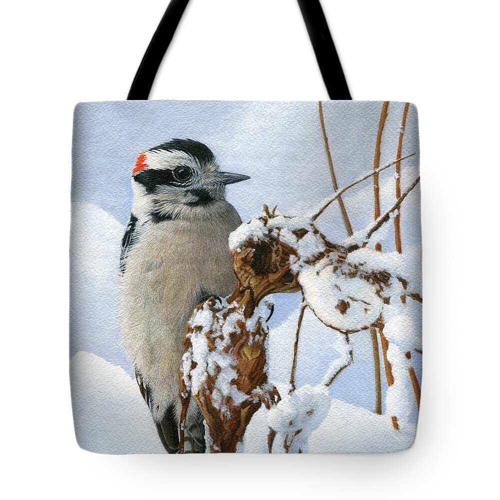 Downy Woodpecker Tote Bag featuring the painting Downy Woodpecker by Ken Everett