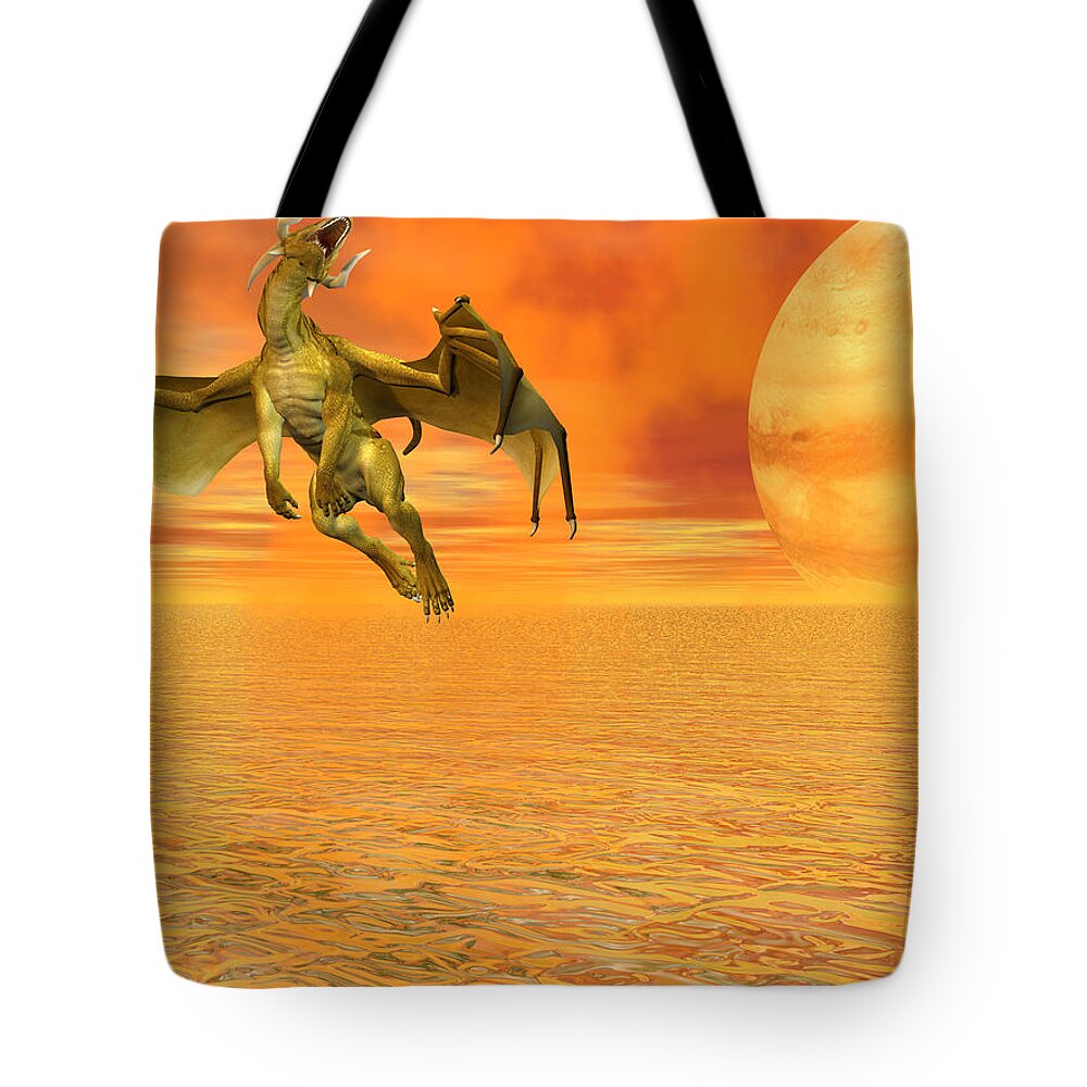 Dragon Tote Bag featuring the digital art Dragon Against the Orange Sky by Michele Wilson
