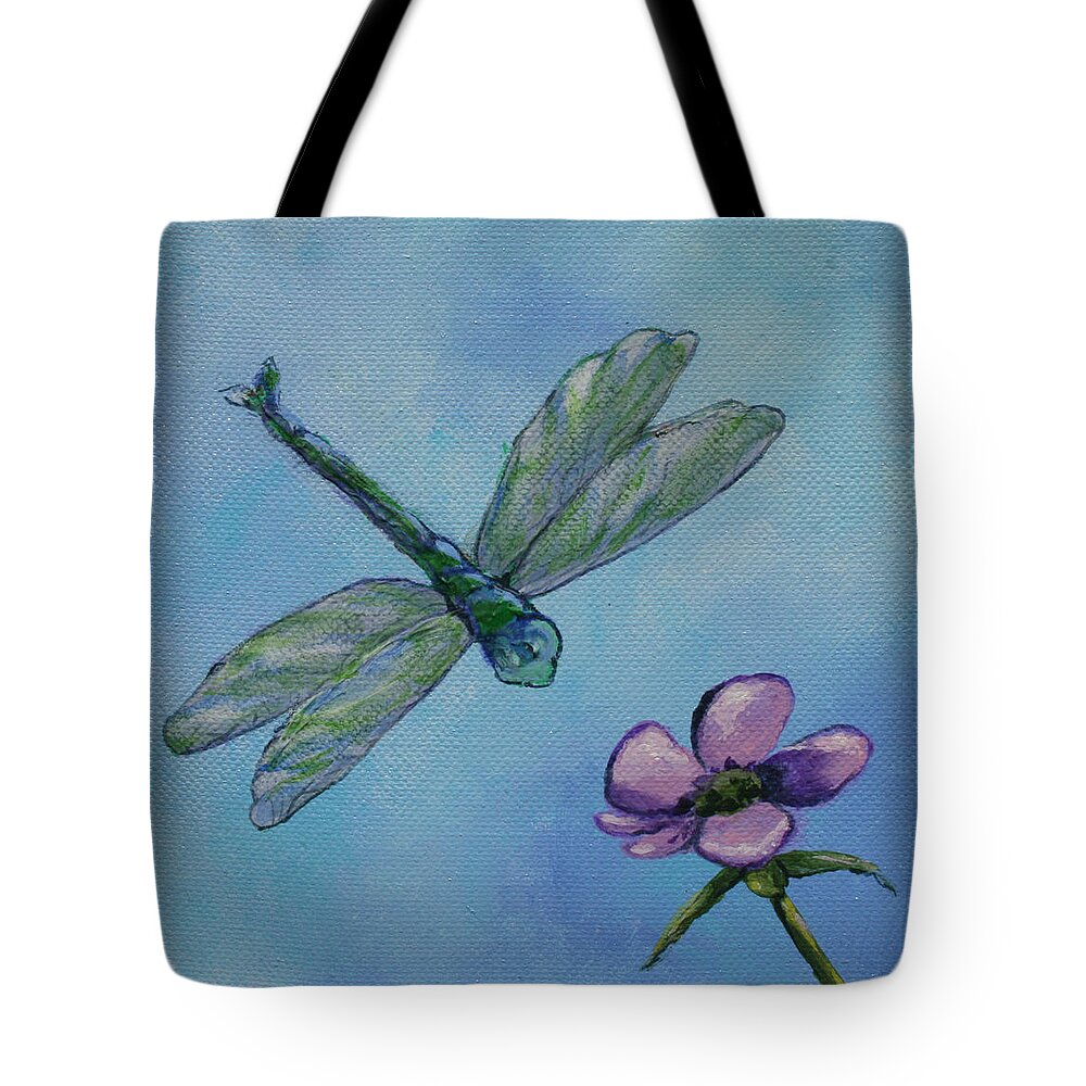Dragon Fly Tote Bag featuring the painting Dragon Fly and Purple Flower by Donna Tucker