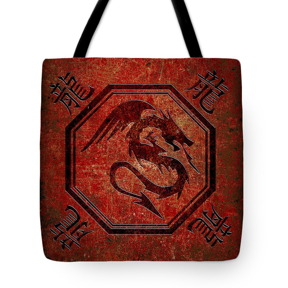 Chinese Tote Bag featuring the digital art Dragon In An Octagon Frame With Chinese Dragon Characters Red Tint by Fred Bertheas