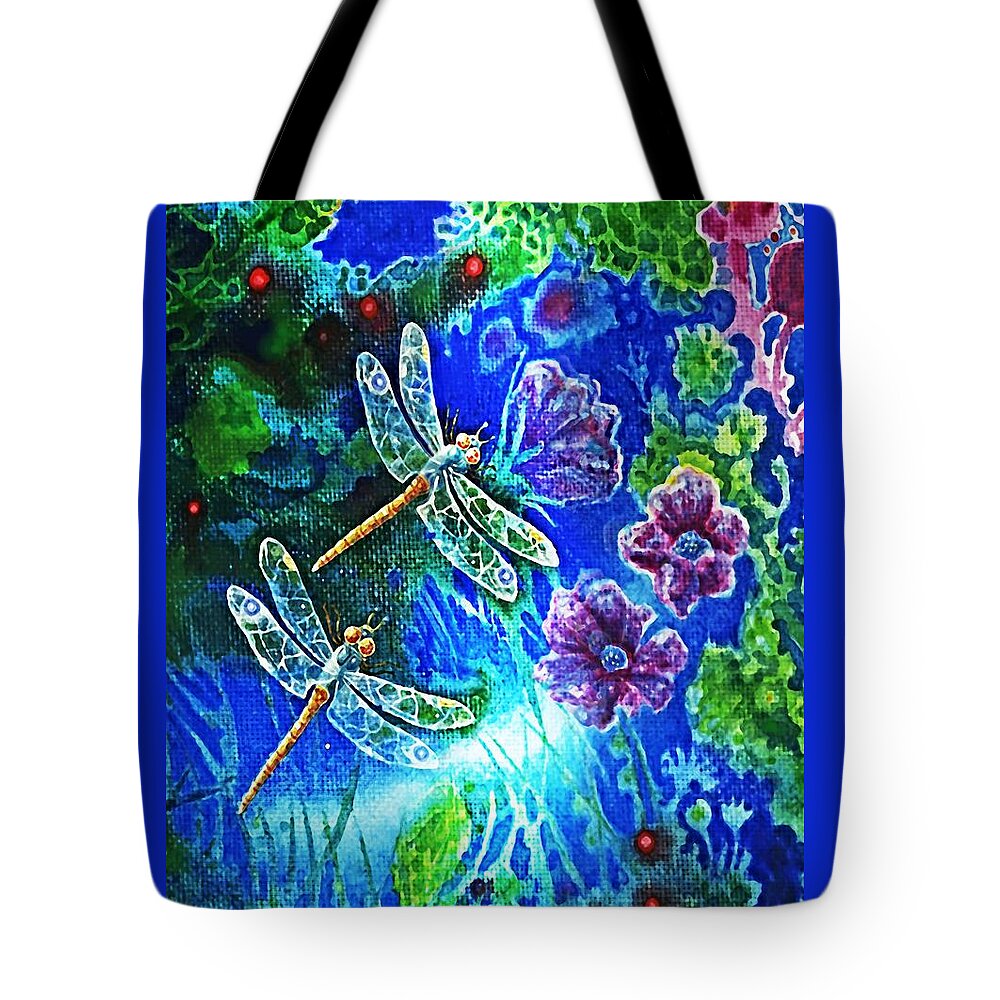 Dragonfly Tote Bag featuring the painting DRAGONFLIES and FLOWERS #1 by Hartmut Jager