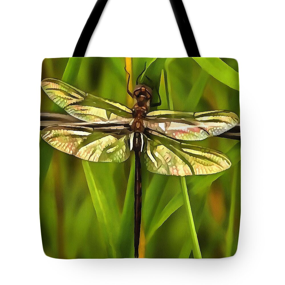 Brown Tote Bag featuring the painting Dragonfly In Brown And Yellow by Taiche Acrylic Art