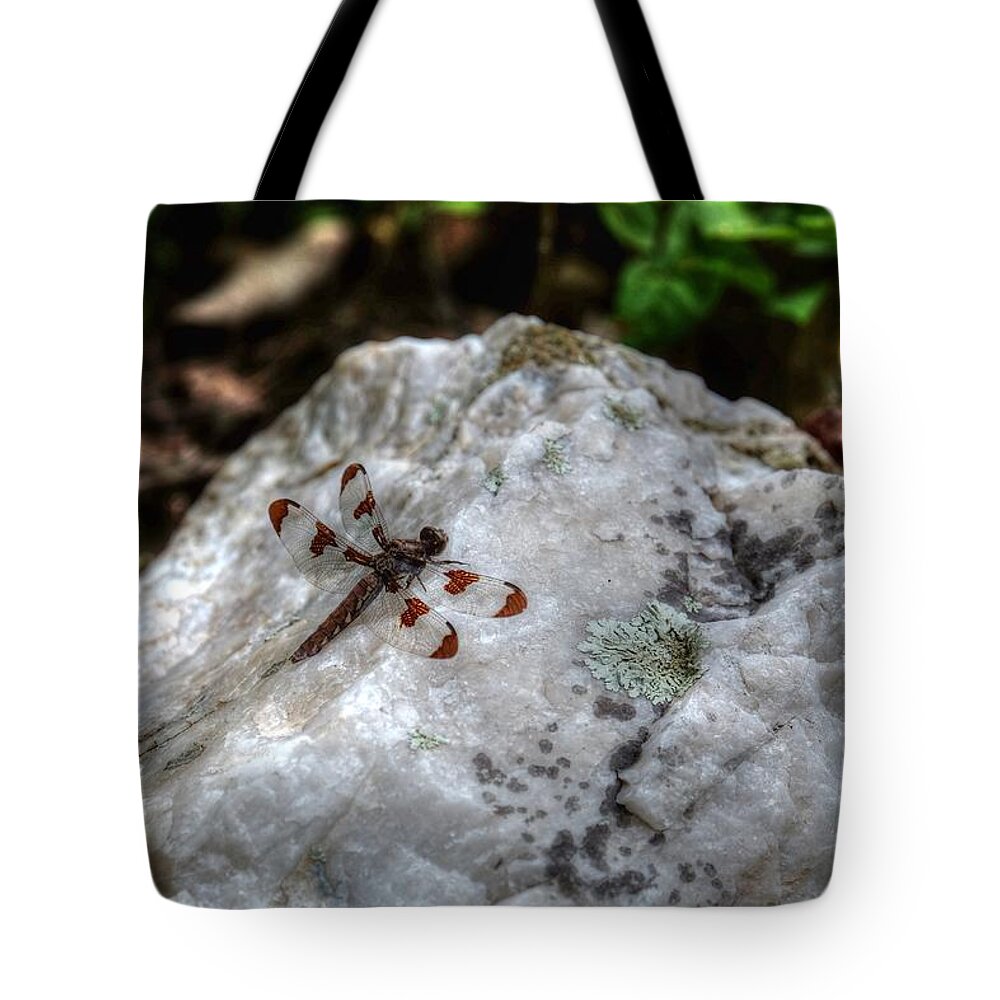 Dragonfly Tote Bag featuring the photograph Dragonfly on quartz by Ronda Ryan