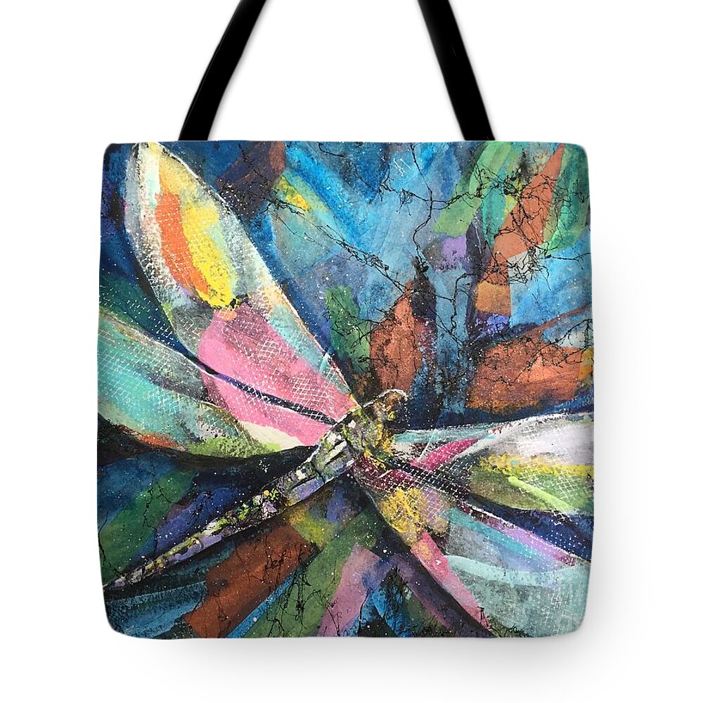 Multicolor Tote Bag featuring the painting Dragonfly Voyager by Midge Pippel