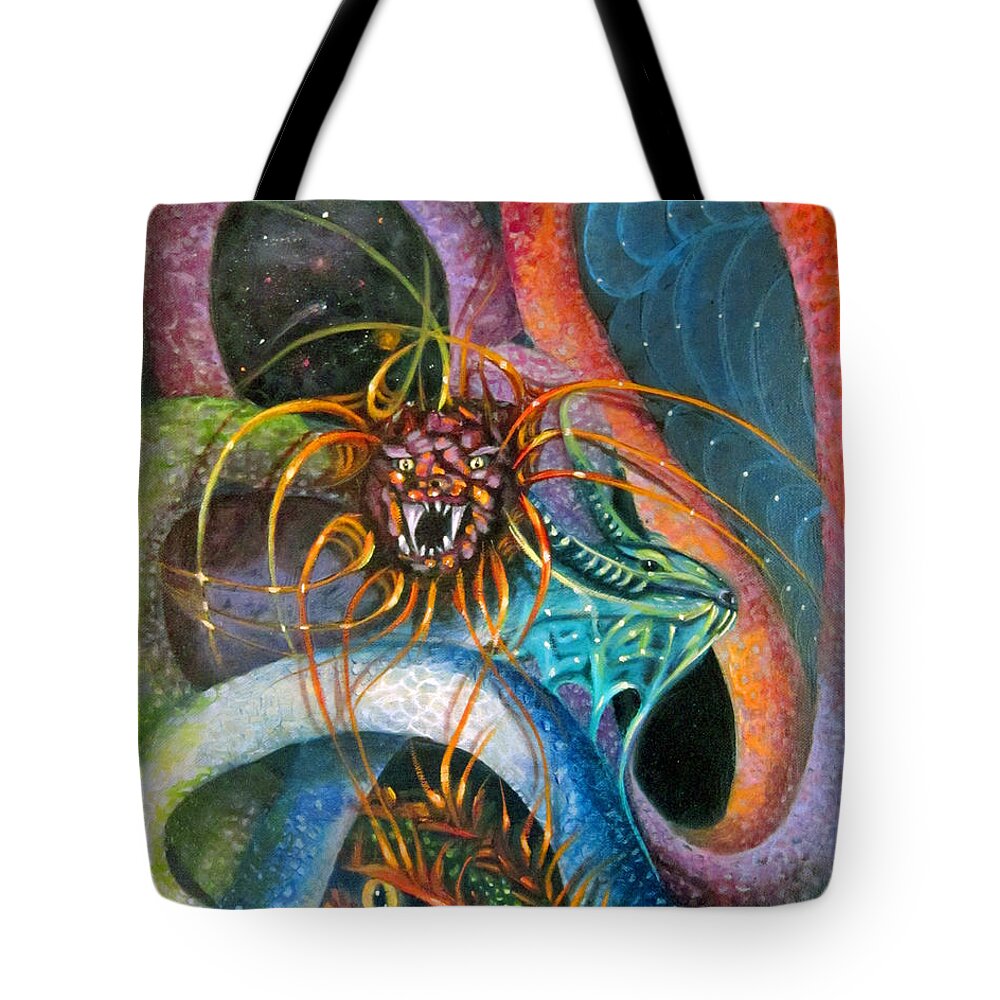Curvismo Tote Bag featuring the painting Dragons Three by Sherry Strong