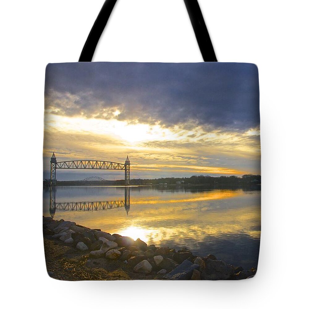 Train Bridge Tote Bag featuring the photograph Dramatic Cape Cod Canal Sunrise by Amazing Jules