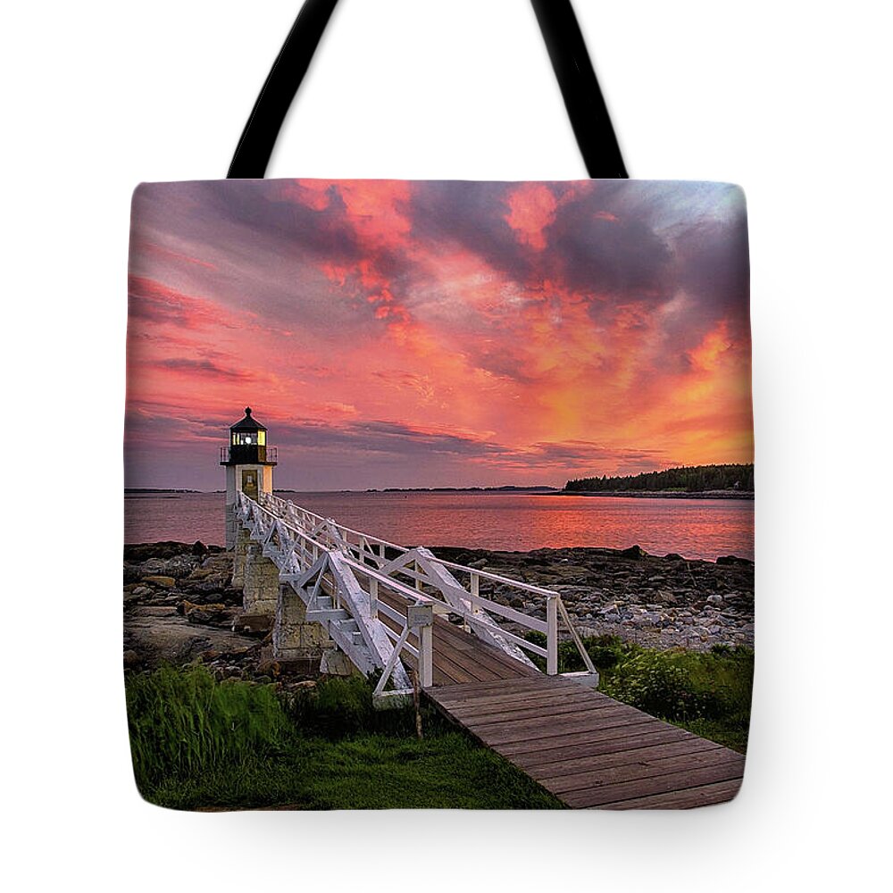 Lighthouse Tote Bag featuring the photograph Dramatic Sunset at Marshall Point Lighthouse by John Vose
