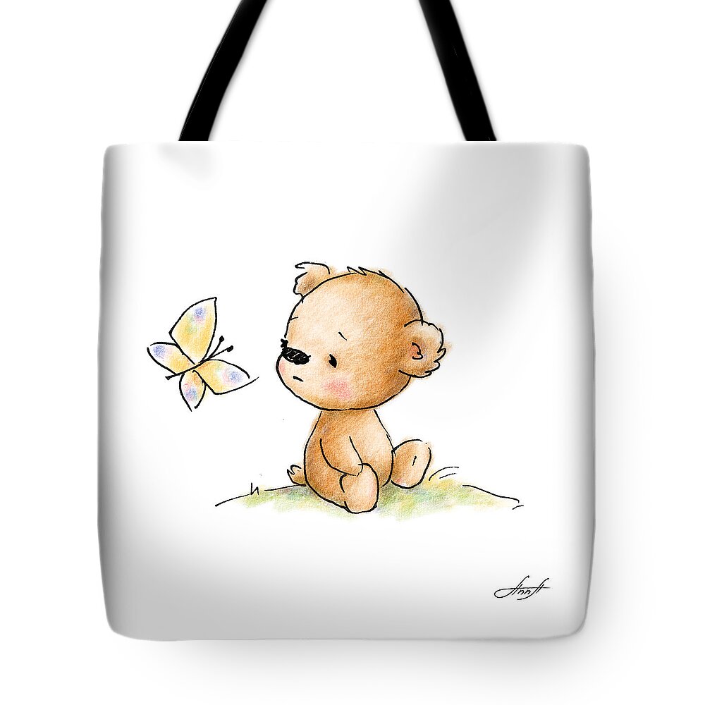 Drawing of cute teddy bear with butterfly Tote Bag by Anna ...