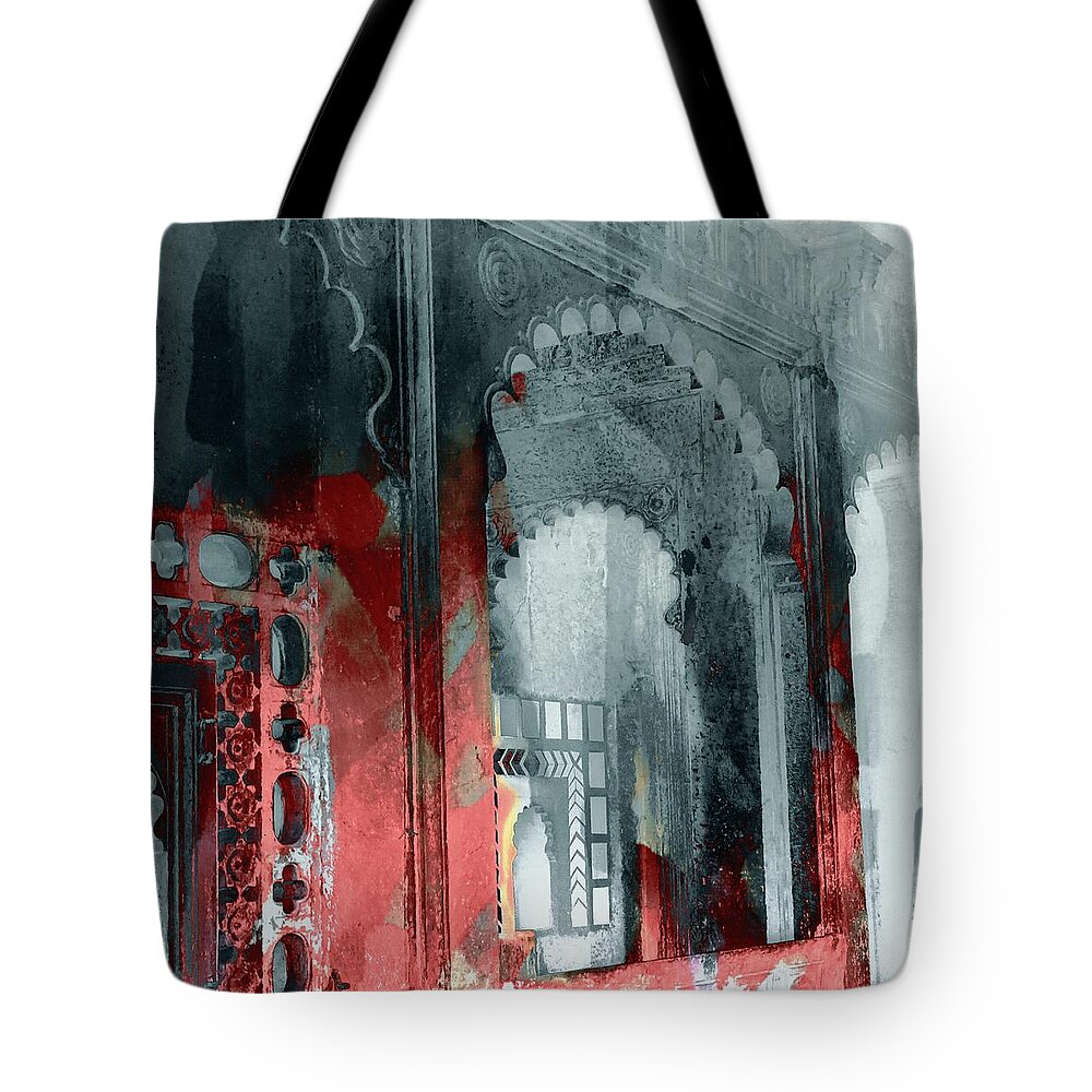 Red Tote Bag featuring the photograph Dreamy Exotic Travel Red Black Abstract Square Arches Rajasthan India 1e by Sue Jacobi