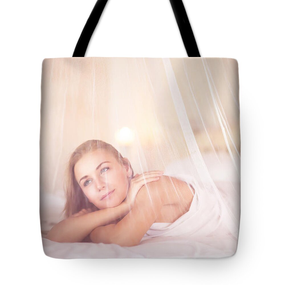 Adult Tote Bag featuring the photograph Dreamy woman in bedroom by Anna Om