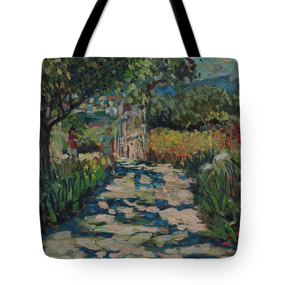 Painting Tote Bag featuring the painting Driveway to Neil Youngs villa on Skopelos by Peregrine Roskilly