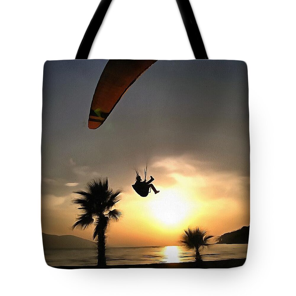 Paragliding Tote Bag featuring the painting Dropzone At Dusk by Taiche Acrylic Art