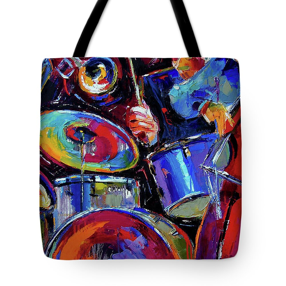 Jazz Tote Bag featuring the painting Drums And Friends by Debra Hurd