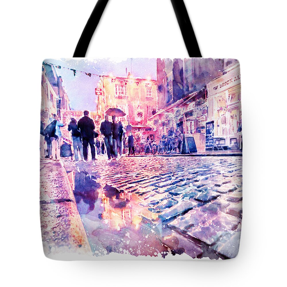 Marian Voicu Tote Bag featuring the painting Dublin Watercolor Streetscape by Marian Voicu