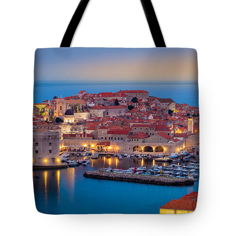 Adriatic Tote Bag featuring the photograph Dubrovnik Twilight Panorama by Inge Johnsson