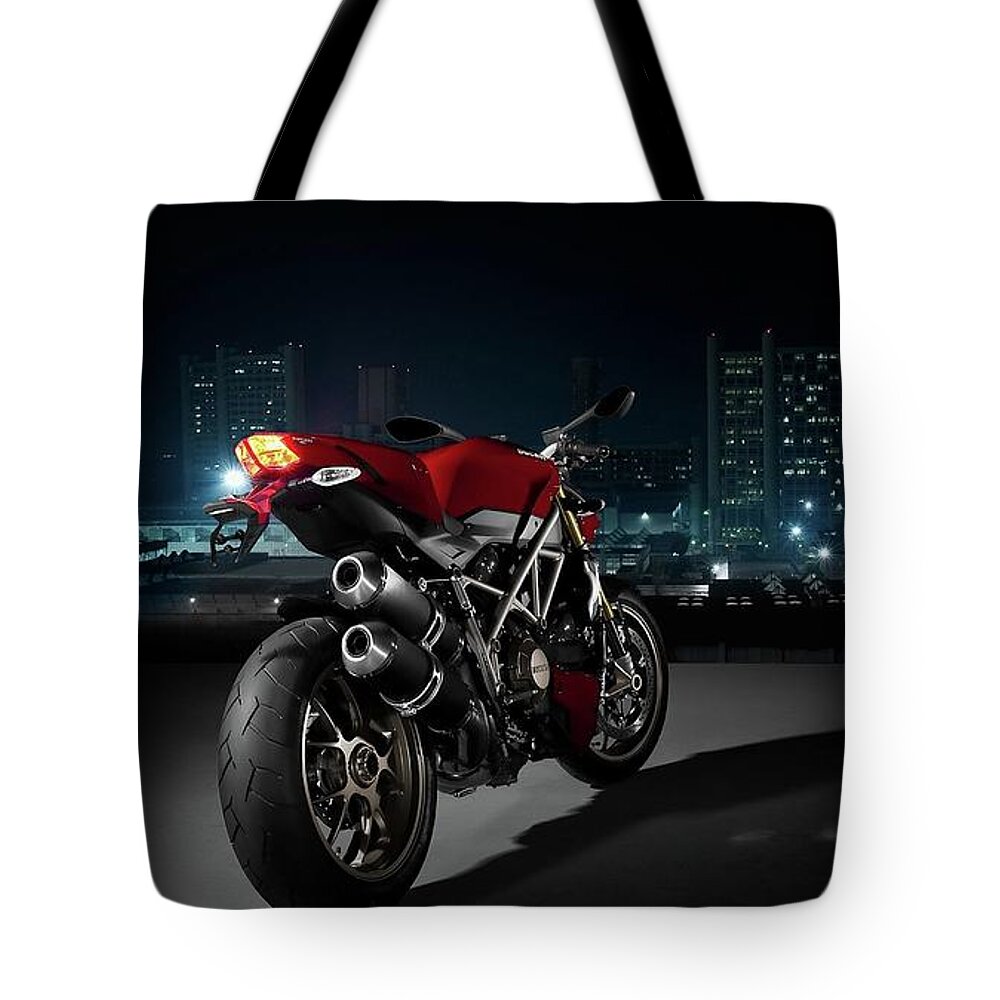 Ducati Tote Bag featuring the photograph Ducati by Moonlight by Movie Poster Prints