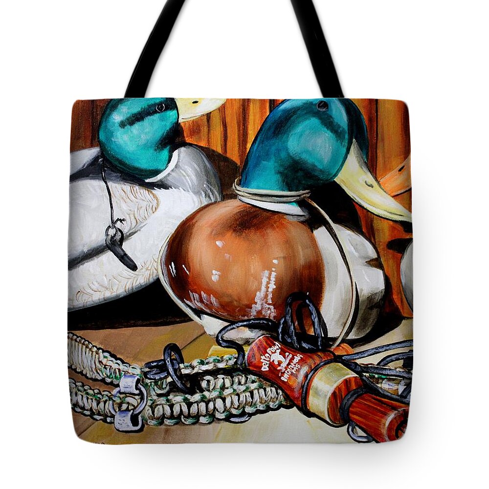 Duck Calls Tote Bag featuring the painting Duck Decoys and Call Still Life by Karl Wagner
