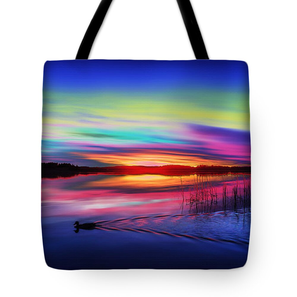 Water Tote Bag featuring the digital art Duck Sunset by Gregory Murray