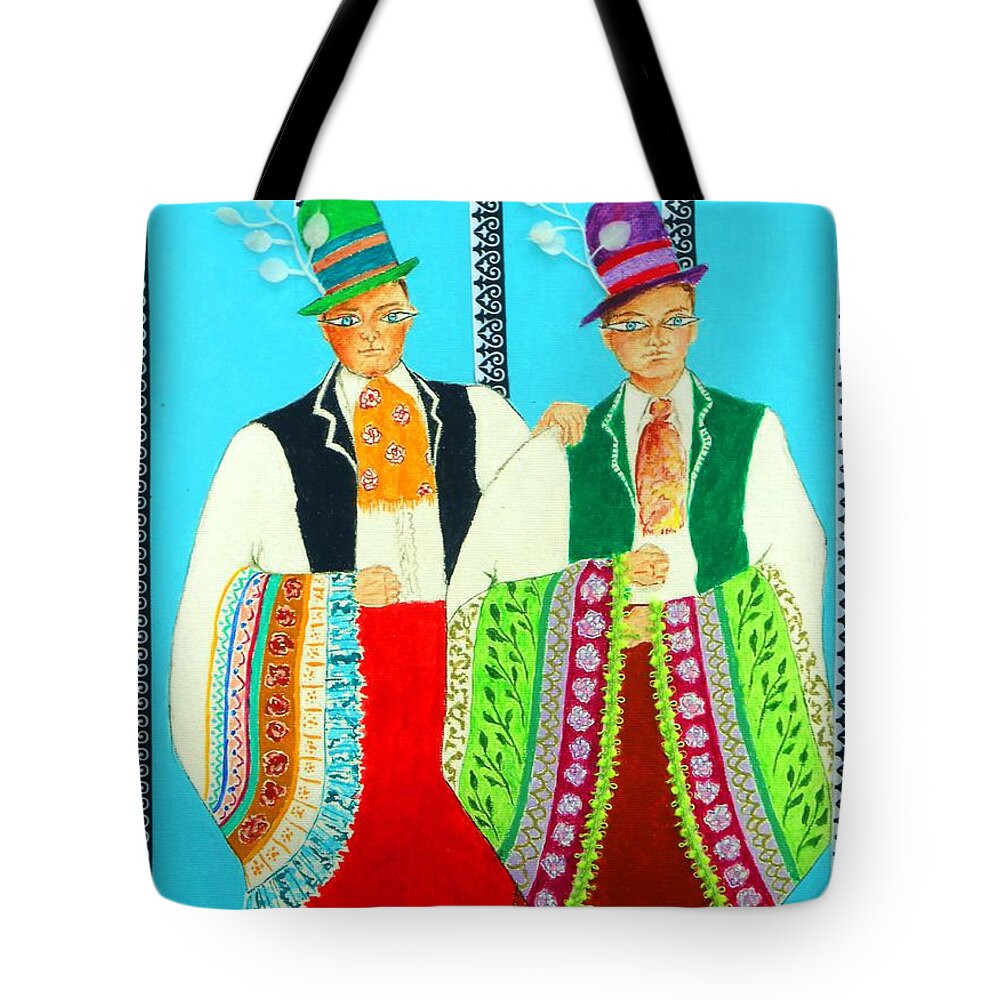 Folk Patterns Tote Bag featuring the mixed media Duet -- #5 Hungarian Rhapsody Series by Jayne Somogy