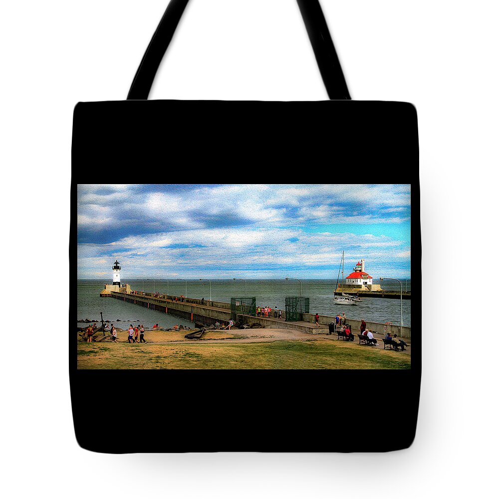 Bonnie Follett Tote Bag featuring the photograph Duluth Canal Park Lighthouses by Bonnie Follett
