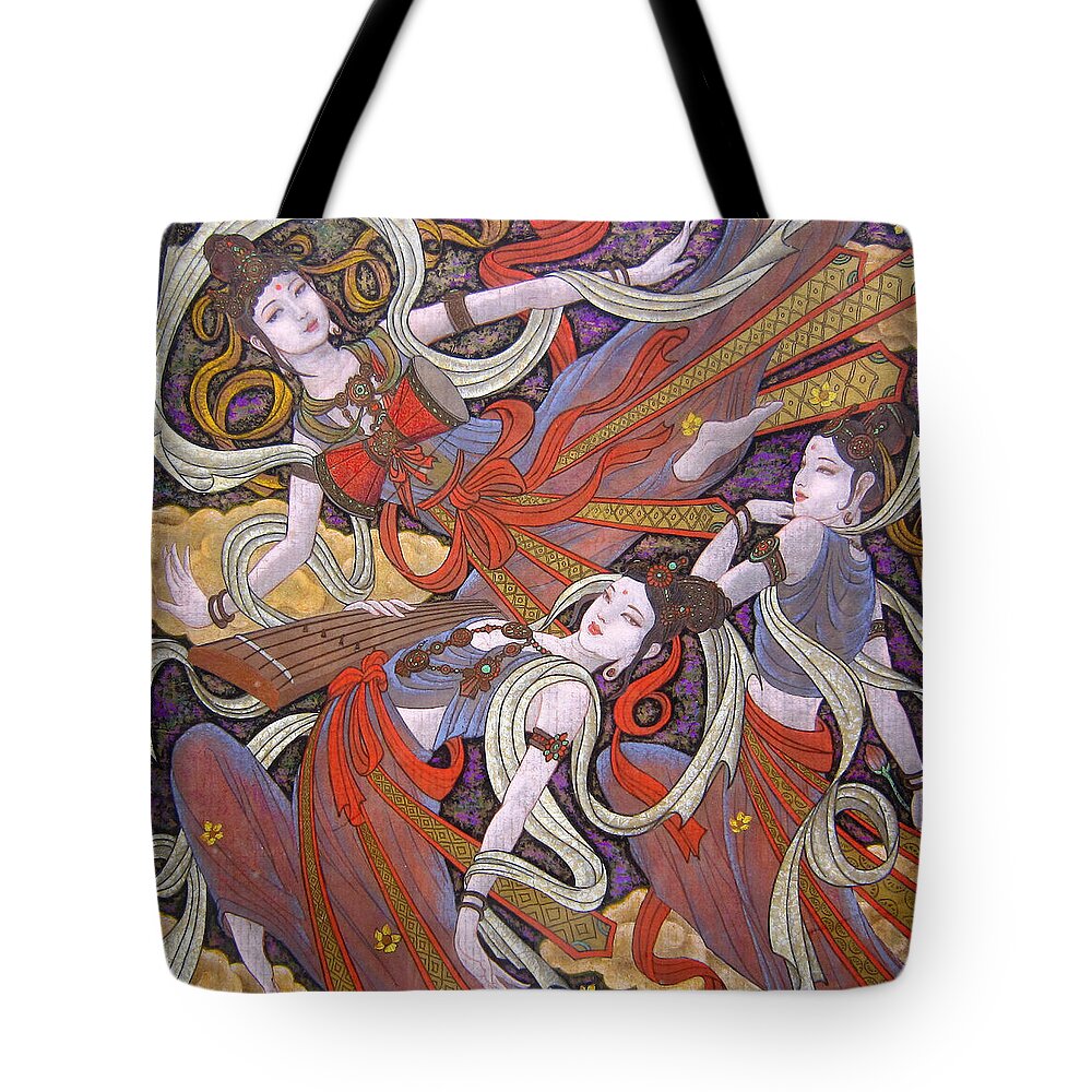 Dunhuang Tote Bag featuring the drawing Dunhuang flying dance-Heavy color drawing-Traditional Chinese painting    by Artto Pan