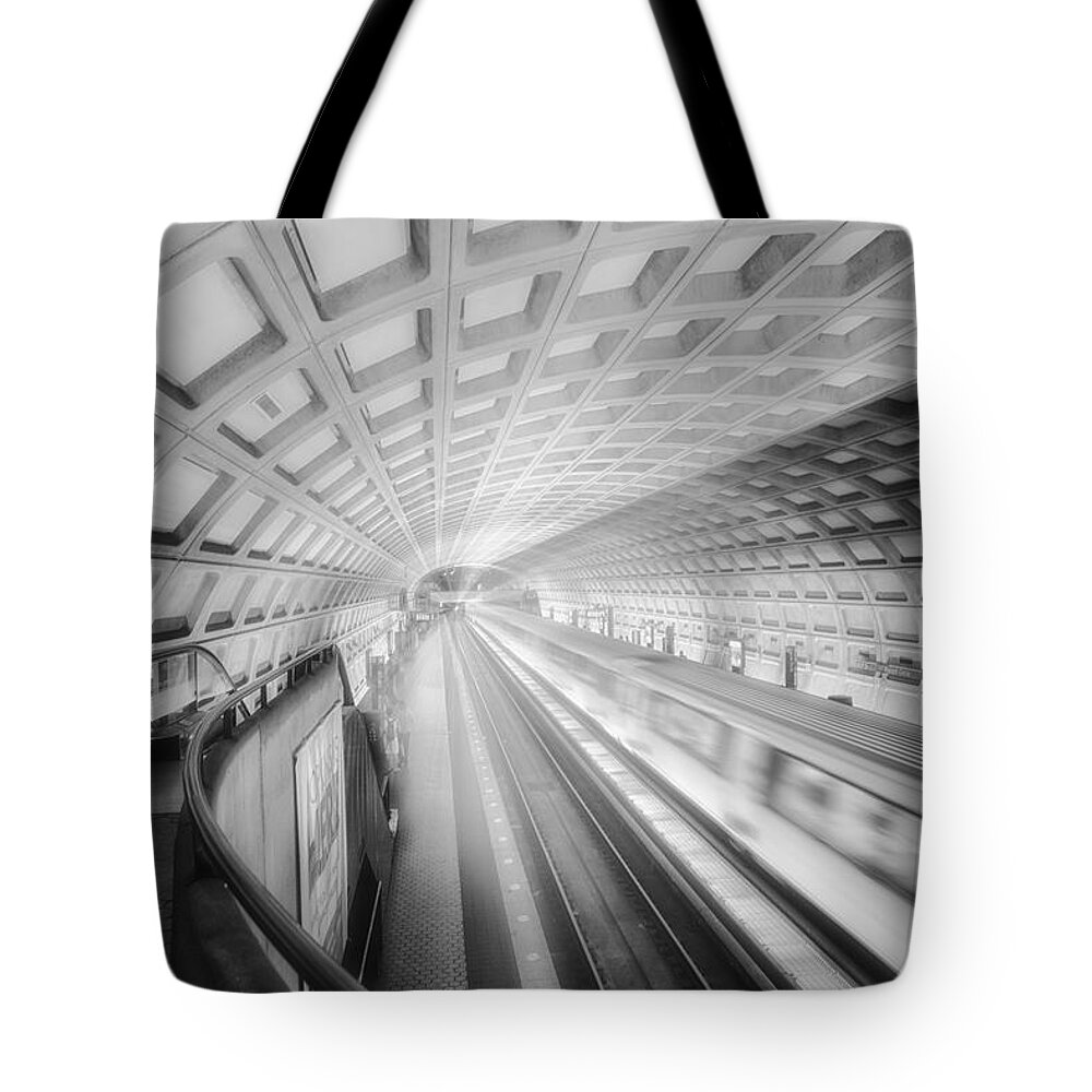 District Of Columbia Tote Bag featuring the photograph Dupont Circle Station BW by Susan Candelario