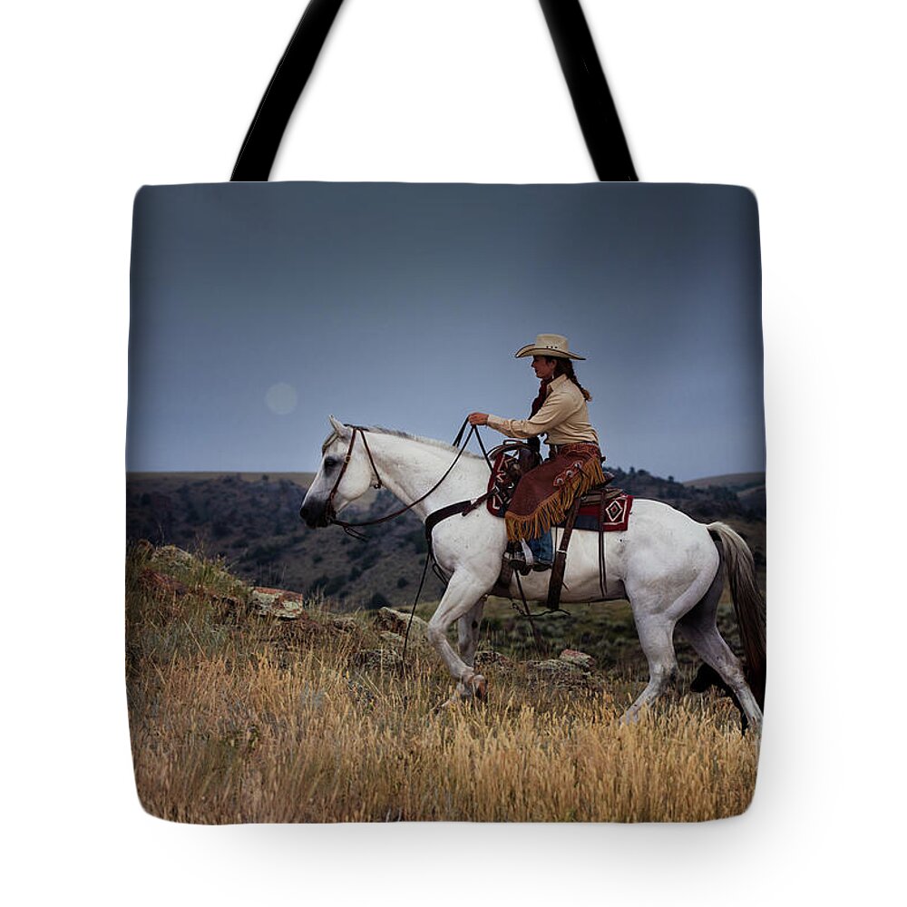 Cowgirl Tote Bag featuring the photograph Dusk Ride by Terri Cage