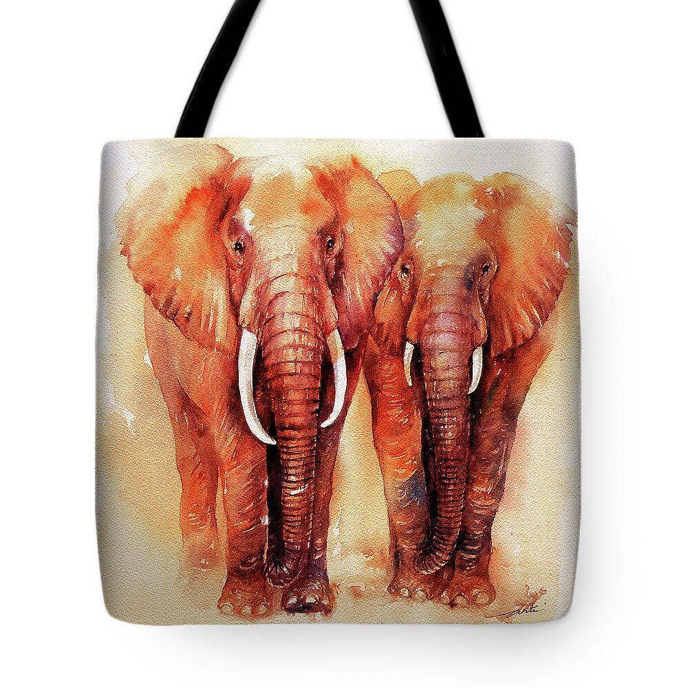 Elephants Tote Bag featuring the painting Dusty and Brown by Arti Chauhan