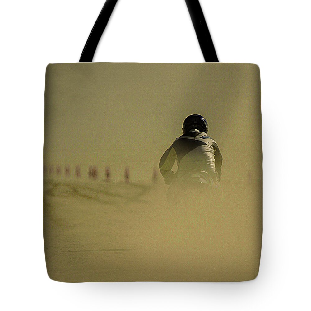 Land Speed Racing Tote Bag featuring the photograph Dusty Exit by Jeff Kurtz