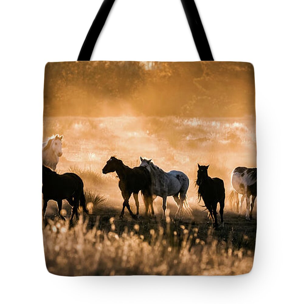 Animals Tote Bag featuring the photograph Dusty Mustang Sunset Panorama by Dawn Key