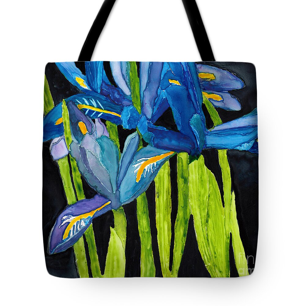 Iris Tote Bag featuring the painting Dwarf Iris Watercolor on Yupo by Conni Schaftenaar