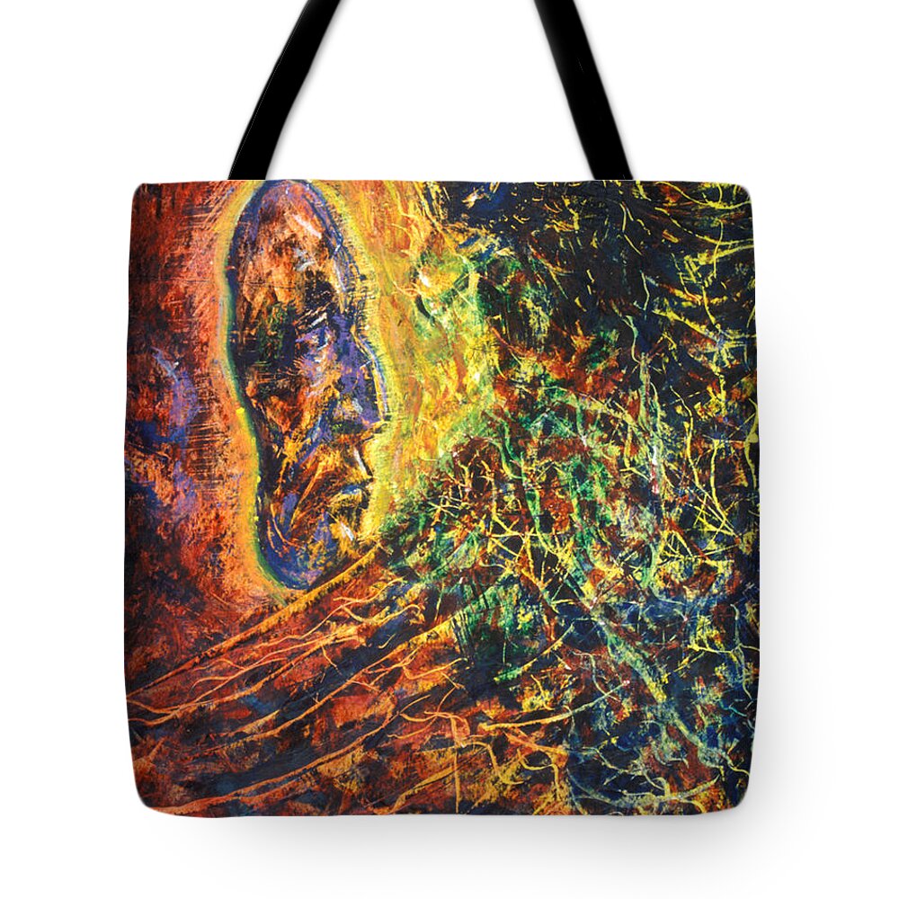 Eagle Lifts A Mask Away Tote Bag featuring the painting Eagle Lifts A Mask Away - BGELM by Fr Bob Gilroy SJ